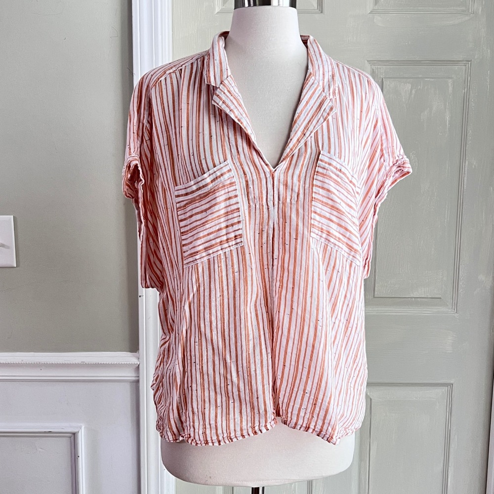 Wonderly Short Sleeve Top XXL Womens Striped Cotton Gauze V-Neck Orange White
